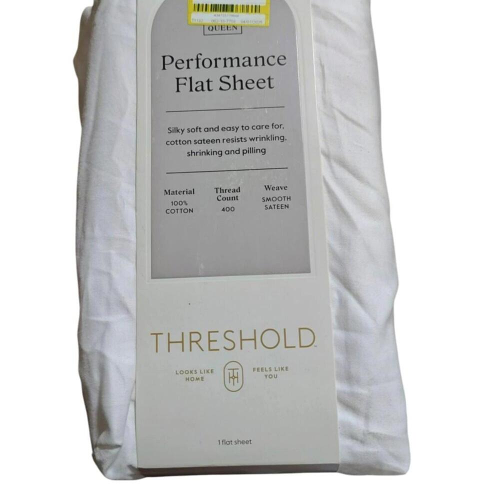 QUEEN Threshold  400 Thread Count Perfor Flat Sheet Sateen WHITE 100% Cotton